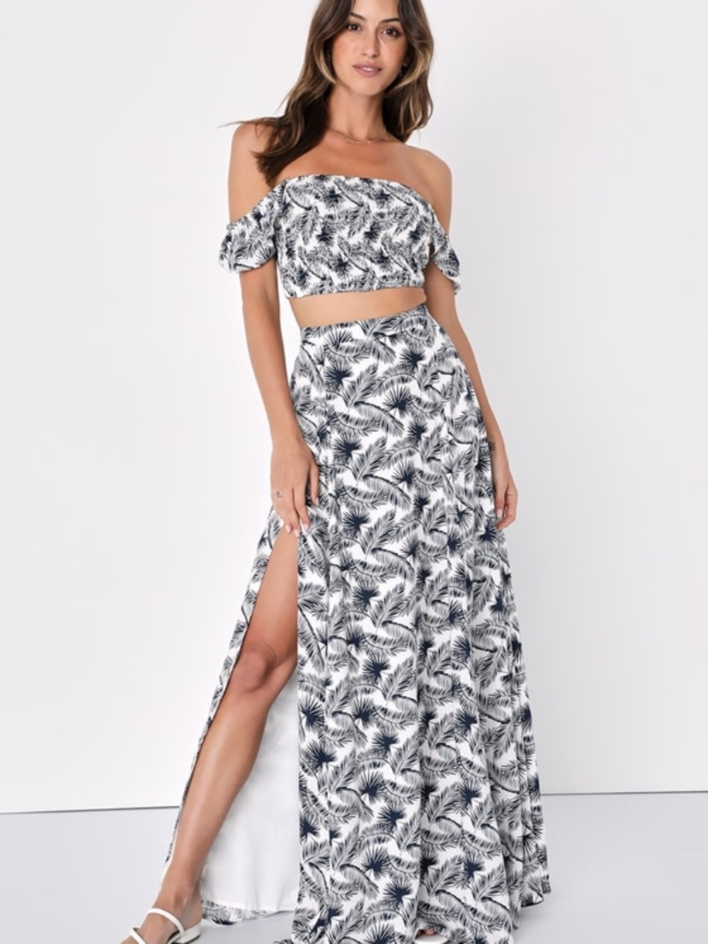 Lulus Trancoso Navy Blue Floral Print Two-piece Maxi Dress - Size L